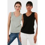 Lela Slim Fit V Yaka Kalın Askılı 2' Li Paket Bluz Bayan Bluz 5864384S2 - Çağla - Siyah