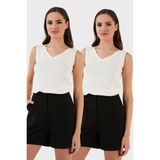 Lela Slim Fit V Yaka Kalın Askılı 2' Li Paket Bluz Bayan Bluz 5864384S2 - Ekru - Ekru