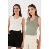 Lela Slim Fit V Yaka Kalın Askılı 2' Li Paket Bluz Bayan Bluz 5864384S2 - Ekru - Olive