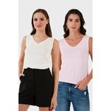 Lela Slim Fit V Yaka Kalın Askılı 2' Li Paket Bluz Bayan Bluz 5864384S2 - Ekru - Pembe