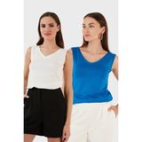 Lela Slim Fit V Yaka Kalın Askılı 2' Li Paket Bluz Bayan Bluz 5864384S2 - Ekru - Saks