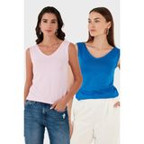 Lela Slim Fit V Yaka Kalın Askılı 2' Li Paket Bluz Bayan Bluz 5864384S2 - Saks - Pembe
