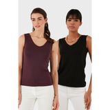 Lela Slim Fit V Yaka Kalın Askılı 2' Li Paket Bluz Bayan Bluz 5864384S2 - Siyah - Bordo