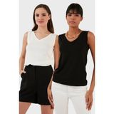 Lela Slim Fit V Yaka Kalın Askılı 2' Li Paket Bluz Bayan Bluz 5864384S2 - Siyah - Ekru