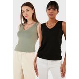 Lela Slim Fit V Yaka Kalın Askılı 2' Li Paket Bluz Bayan Bluz 5864384S2 - Siyah - Olive