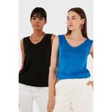 Lela Slim Fit V Yaka Kalın Askılı 2' Li Paket Bluz Bayan Bluz 5864384S2 - Siyah - Saks