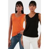 Lela Slim Fit V Yaka Kalın Askılı 2' Li Paket Bluz Bayan Bluz 5864384S2 - Siyah - Turuncu