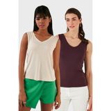 Lela Slim Fit V Yaka Kalın Askılı 2' Li Paket Bluz Bayan Bluz 5864384S2 - Taş - Bordo