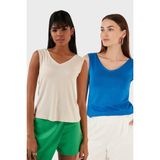 Lela Slim Fit V Yaka Kalın Askılı 2' Li Paket Bluz Bayan Bluz 5864384S2 - Taş - Lacivert