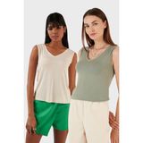 Lela Slim Fit V Yaka Kalın Askılı 2' Li Paket Bluz Bayan Bluz 5864384S2 - Taş - Yeşil