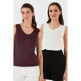 Lela Slim Fit V Yaka Kalın Askılı 2' Li Paket Bluz Bayan Bluz 5864384S2 - XL - Ekru - Bordo