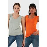 Lela Slim Fit V Yaka Kalın Askılı 2' Li Paket Bluz Bayan Bluz 5864384S2 - XL - Yeşil - Turuncu
