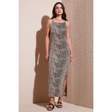 Lela Slim Fit Yırtmaç Detaylı Midi Boy Elbise Bayan Elbise 5866224 - Leopar - XL