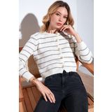 Lela Standart Fit Çizgili Yumuşak Dokulu Crop Triko Bayan Hırka 4615551 TAŞ