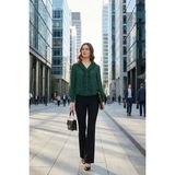 Lela Standart Fit V Yaka Fırfırlı Uzun Kollu Gömlek Bayan Gömlek 611GO00341 - Zümrüt - XL