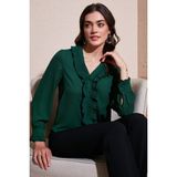 Lela Standart Fit V Yaka Fırfırlı Uzun Kollu Gömlek Bayan Gömlek 611GO00341 - Zümrüt