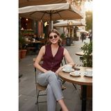 Lela Streç Fitted Fit V Yaka Düğmeli Yelek Bayan Yelek 5865971 - Bordo