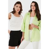 Lela Streç Pamuklu Oversize Fit 2' li Paket Bayan Gömlek-Atlet Set 67810014979S2 Fıstık Yeşil-Ekru