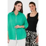 Lela Streç Pamuklu Oversize Fit 2' li Paket Bayan Gömlek-Atlet Set 67810014979S2 YEŞİL-SİYAH