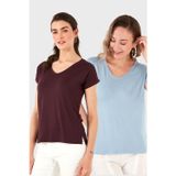 Lela V Yaka Relaxed Fit Yırtmaç Detaylı 2'li Paket Bayan Bluz 5862000S2 BEBE MAVİ-VİŞNE