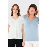 Lela V Yaka Relaxed Fit Yırtmaç Detaylı 2'li Paket Bayan Bluz 5862000S2 EKRU-BEBE MAVİ