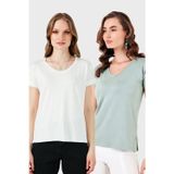 Lela V Yaka Relaxed Fit Yırtmaç Detaylı 2'li Paket Bayan Bluz 5862000S2 EKRU-ÇAĞLA