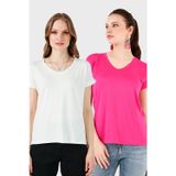 Lela V Yaka Relaxed Fit Yırtmaç Detaylı 2'li Paket Bayan Bluz 5862000S2 EKRU-FUŞYA