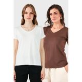 Lela V Yaka Relaxed Fit Yırtmaç Detaylı 2'Li Paket Bayan Bluz 5862000S2 Ekru-Kahve