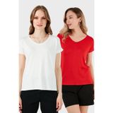 Lela V Yaka Relaxed Fit Yırtmaç Detaylı 2'li Paket Bayan Bluz 5862000S2 EKRU-KIRMIZI