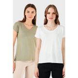 Lela V Yaka Relaxed Fit Yırtmaç Detaylı 2'li Paket Bayan Bluz 5862000S2 Ekru-Olive