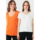 Lela V Yaka Relaxed Fit Yırtmaç Detaylı 2'li Paket Bayan Bluz 5862000S2 Ekru-Oranj