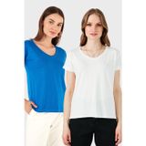 Lela V Yaka Relaxed Fit Yırtmaç Detaylı 2'li Paket Bayan Bluz 5862000S2 Ekru-Saks