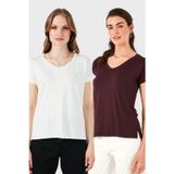 Lela V Yaka Relaxed Fit Yırtmaç Detaylı 2'li Paket Bayan Bluz 5862000S2 EKRU-VİŞNE