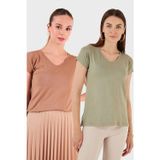 Lela V Yaka Relaxed Fit Yırtmaç Detaylı 2'li Paket Bayan Bluz 5862000S2 Olive-BİSKÜVİ