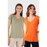 Lela V Yaka Relaxed Fit Yırtmaç Detaylı 2'li Paket Bayan Bluz 5862000S2 ORANJ-Olive