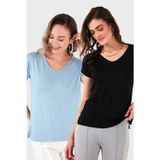 Lela V Yaka Relaxed Fit Yırtmaç Detaylı 2'li Paket Bayan Bluz 5862000S2 SİYAH-BEBE MAVİ