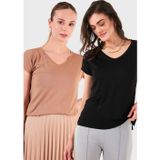 Lela V Yaka Relaxed Fit Yırtmaç Detaylı 2'li Paket Bayan Bluz 5862000S2 SİYAH-BİSKÜVİ