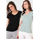 Lela V Yaka Relaxed Fit Yırtmaç Detaylı 2'li Paket Bayan Bluz 5862000S2 SİYAH-ÇAĞLA