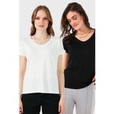 Lela V Yaka Relaxed Fit Yırtmaç Detaylı 2'li Paket Bayan Bluz 5862000S2 SİYAH-EKRU