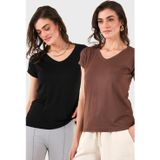 Lela V Yaka Relaxed Fit Yırtmaç Detaylı 2'li Paket Bayan Bluz 5862000S2 SİYAH-KAHVE