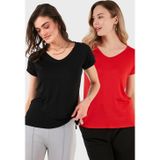 Lela V Yaka Relaxed Fit Yırtmaç Detaylı 2'li Paket Bayan Bluz 5862000S2 SİYAH-KIRMIZI