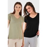 Lela V Yaka Relaxed Fit Yırtmaç Detaylı 2'li Paket Bayan Bluz 5862000S2 SİYAH-Olive