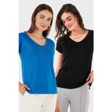 Lela V Yaka Relaxed Fit Yırtmaç Detaylı 2'li Paket Bayan Bluz 5862000S2 SİYAH-SAKS