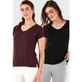 Lela V Yaka Relaxed Fit Yırtmaç Detaylı 2'li Paket Bayan Bluz 5862000S2 SİYAH-VİŞNE