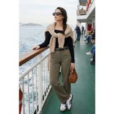 Lela Wide Leg Yüksek Bel Kıvırma Detaylı Bol Paça Kemerli Bayan Pantolon 6923841 HAKİ
