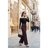 Lela Wide Leg Yüksek Bel Kıvırma Detaylı Bol Paça Kemerli Bayan Pantolon 6923841 MÜRDÜM