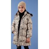 Lela Yakası Suni Kürklü Yazı Baskılı Çıkarılabilir Kapüşonlu Peluş Astarlı Kışlık Kız Çocuk Mont 5761984 BEJ