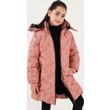 Lela Yakası Suni Kürklü Yıldız Desenli Çıkarılabilir Kapüşonlu Peluş Astarlı Kışlık Kız Çocuk Mont 5760050 GÜL KURUSU