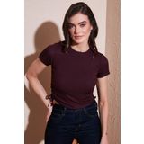 Lela Yanlardan Büzgülü Kısa Kollu Crop Bayan Bluz 5864010 VİŞNE