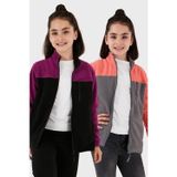 Lela Yumuşak Dokulu Fermuarlı Renk Bloklu Dik Yaka Cepli 2'li Paket Çocuk Polar 5905001S2 Mor Siyah-Somon Gri